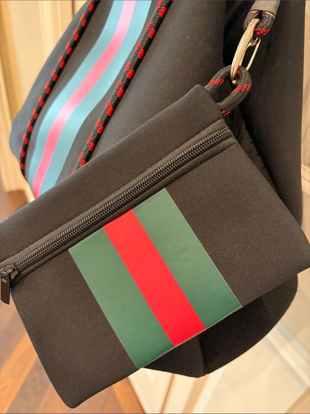 Black Neoprene Tote Bag Varsity Red & Green Stripe & Rope Handles